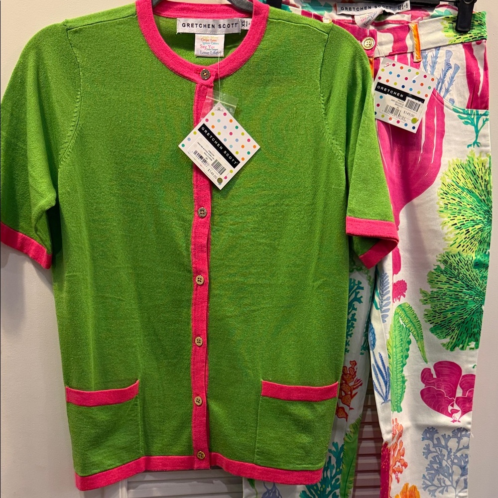 Gretchen Scott Designs Green Short Sleeve Cardigan with Pink Trim